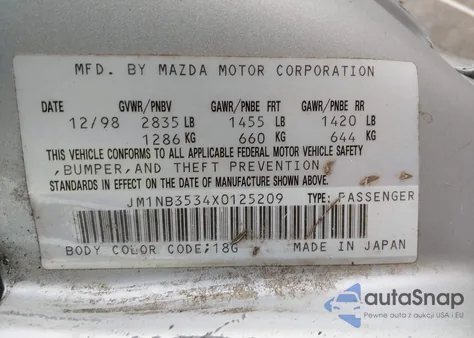 1999 Mazda Mx-5 Miata Leather Pkg/Popular Equipment Pkg/Sports Pkg/Touring Pkg z USA, uszkodzony, nr VIN JM1NB3534X0125209